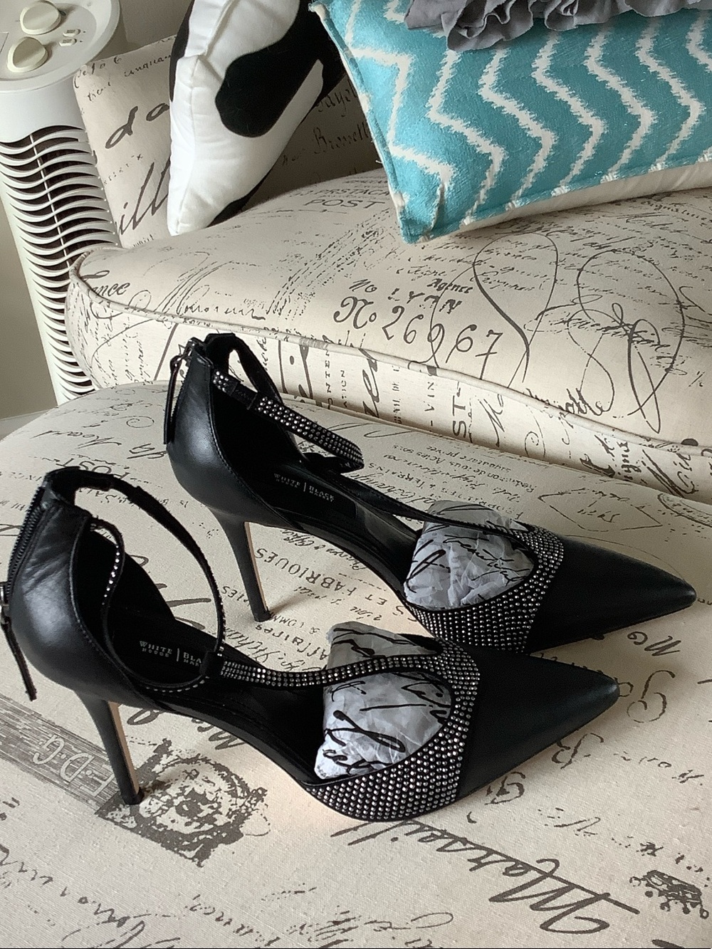 Black Pointed-Toe Ankle-Strap Heels with Crystal Detailing